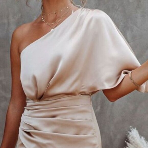 One-Shoulder Satin Wrap Dress with Side Slit | Sheath Formal Midi Dress - Picture 5 of 9